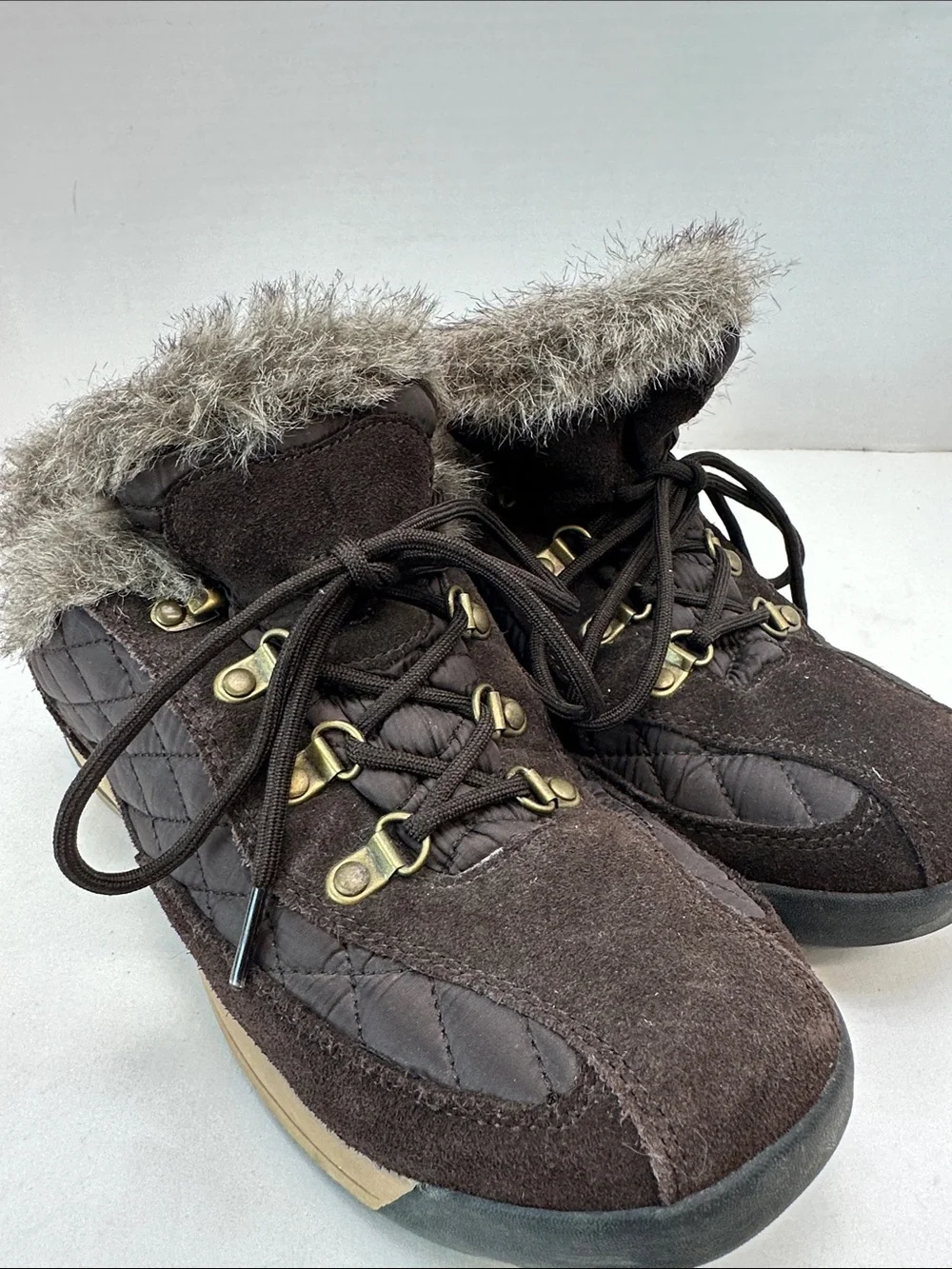 Lands' End Dark Brown Quilted Faux-Fur Trim Lace-Up Winter Sneakers